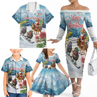 New Zealand and Australia Merry Christmas Family Matching Off The Shoulder Long Sleeve Dress and Hawaiian Shirt Kiwi Birds Skiing and Koala Santa Riding Kangaroo LT03 - Polynesian Pride
