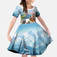 New Zealand and Australia Merry Christmas Family Matching Puletasi and Hawaiian Shirt Kiwi Birds Skiing and Koala Santa Riding Kangaroo LT03 Daughter's Dress Multicolor - Polynesian Pride