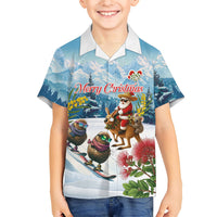 New Zealand and Australia Merry Christmas Kid Hawaiian Shirt Kiwi Birds Skiing and Koala Santa Riding Kangaroo LT03 Kid Multicolor - Polynesian Pride