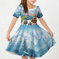 New Zealand and Australia Merry Christmas Kid Short Sleeve Dress Kiwi Birds Skiing and Koala Santa Riding Kangaroo LT03 KID Multicolor - Polynesian Pride
