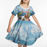 New Zealand and Australia Merry Christmas Kid Short Sleeve Dress Kiwi Birds Skiing and Koala Santa Riding Kangaroo LT03 - Polynesian Pride