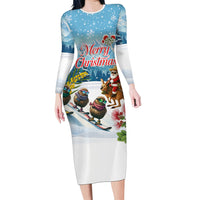 New Zealand and Australia Merry Christmas Long Sleeve Bodycon Dress Kiwi Birds Skiing and Koala Santa Riding Kangaroo LT03 Long Dress Multicolor - Polynesian Pride