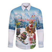 New Zealand and Australia Merry Christmas Long Sleeve Button Shirt Kiwi Birds Skiing and Koala Santa Riding Kangaroo LT03 Unisex Multicolor - Polynesian Pride