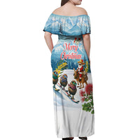 New Zealand and Australia Merry Christmas Off Shoulder Maxi Dress Kiwi Birds Skiing and Koala Santa Riding Kangaroo LT03 - Polynesian Pride