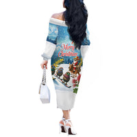 New Zealand and Australia Merry Christmas Off The Shoulder Long Sleeve Dress Kiwi Birds Skiing and Koala Santa Riding Kangaroo LT03 - Polynesian Pride