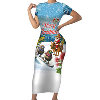 New Zealand and Australia Merry Christmas Short Sleeve Bodycon Dress Kiwi Birds Skiing and Koala Santa Riding Kangaroo LT03 Long Dress Multicolor - Polynesian Pride