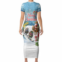 New Zealand and Australia Merry Christmas Short Sleeve Bodycon Dress Kiwi Birds Skiing and Koala Santa Riding Kangaroo LT03 - Polynesian Pride