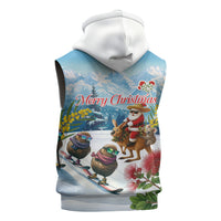 New Zealand and Australia Merry Christmas Sleeveless Zip Hoodie Kiwi Birds Skiing and Koala Santa Riding Kangaroo LT03 - Polynesian Pride