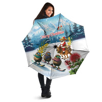 New Zealand and Australia Merry Christmas Umbrella Kiwi Birds Skiing and Koala Santa Riding Kangaroo