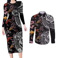 Hawaiian and Japanese Together Couples Matching Long Sleeve Bodycon Dress and Long Sleeve Button Shirt Polynesian Triball Tattoo Koi Carps and Sakura