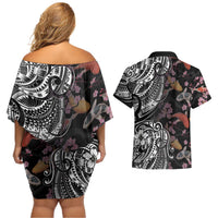 Hawaiian and Japanese Together Couples Matching Off Shoulder Short Dress and Hawaiian Shirt Polynesian Triball Tattoo Koi Carps and Sakura