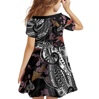 Hawaiian and Japanese Together Kid Short Sleeve Dress Polynesian Triball Tattoo Koi Carps and Sakura