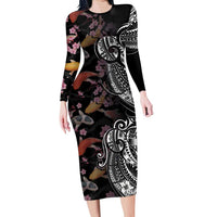 Hawaiian and Japanese Together Long Sleeve Bodycon Dress Polynesian Triball Tattoo Koi Carps and Sakura LT03 Long Dress Black - Polynesian Pride
