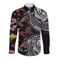 Hawaiian and Japanese Together Long Sleeve Button Shirt Polynesian Triball Tattoo Koi Carps and Sakura