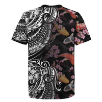 Hawaiian and Japanese Together Rugby Jersey Polynesian Triball Tattoo Koi Carps and Sakura