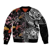 Hawaiian and Japanese Together Sleeve Zip Bomber Jacket Polynesian Triball Tattoo Koi Carps and Sakura LT03 Unisex Black - Polynesian Pride