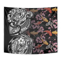 Hawaiian and Japanese Together Tapestry Polynesian Triball Tattoo Koi Carps and Sakura