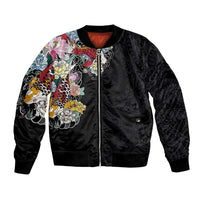 Hawaiian and Japanese Together Bomber Jacket Colorful Traditional Japanese Tattoo and Kakau Pattern Black Color