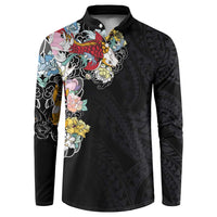 Hawaiian and Japanese Together Button Sweatshirt Colorful Traditional Japanese Tattoo and Kakau Pattern Black Color
