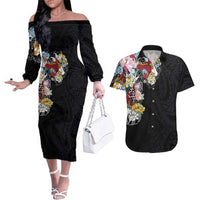 Hawaiian and Japanese Together Couples Matching Off The Shoulder Long Sleeve Dress and Hawaiian Shirt Colorful Traditional Japanese Tattoo and Kakau Pattern Black Color