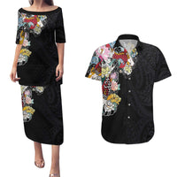 Hawaiian and Japanese Together Couples Matching Puletasi and Hawaiian Shirt Colorful Traditional Japanese Tattoo and Kakau Pattern Black Color