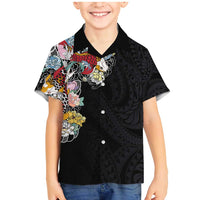 Hawaiian and Japanese Together Family Matching Mermaid Dress and Hawaiian Shirt Colorful Traditional Japanese Tattoo and Kakau Pattern Black Color