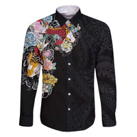 Hawaiian and Japanese Together Family Matching Puletasi and Hawaiian Shirt Colorful Traditional Japanese Tattoo and Kakau Pattern Black Color LT03 Dad's Shirt - Long Sleeve Black - Polynesian Pride