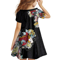 Hawaiian and Japanese Together Kid Short Sleeve Dress Colorful Traditional Japanese Tattoo and Kakau Pattern Black Color