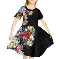 Hawaiian and Japanese Together Kid Short Sleeve Dress Colorful Traditional Japanese Tattoo and Kakau Pattern Black Color