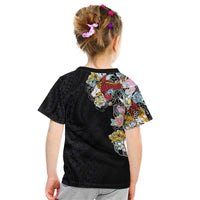 Hawaiian and Japanese Together Kid T Shirt Colorful Traditional Japanese Tattoo and Kakau Pattern Black Color