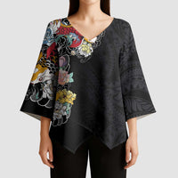 Hawaiian and Japanese Together Kimono Sleeve Blouse Colorful Traditional Japanese Tattoo and Kakau Pattern Black Color LT03 - Polynesian Pride