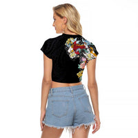 Hawaiian and Japanese Together Raglan Cropped T Shirt Colorful Traditional Japanese Tattoo and Kakau Pattern Black Color