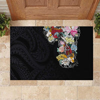 Hawaiian and Japanese Together Rubber Doormat Colorful Traditional Japanese Tattoo and Kakau Pattern Black Color