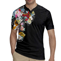 Hawaiian and Japanese Together Rugby Jersey Colorful Traditional Japanese Tattoo and Kakau Pattern Black Color