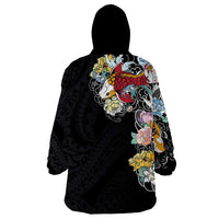 Hawaiian and Japanese Together Wearable Blanket Hoodie Colorful Traditional Japanese Tattoo and Kakau Pattern Black Color