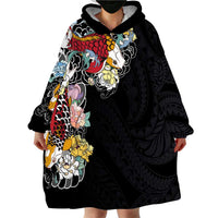 Hawaiian and Japanese Together Wearable Blanket Hoodie Colorful Traditional Japanese Tattoo and Kakau Pattern Black Color