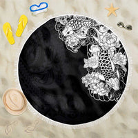 Hawaiian and Japanese Together Beach Blanket Japanese Koi Fish Tattoo and Kakau Pattern Black Color