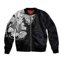 Hawaiian and Japanese Together Bomber Jacket Japanese Koi Fish Tattoo and Kakau Pattern Black Color