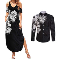 Hawaiian and Japanese Together Couples Matching Summer Maxi Dress and Long Sleeve Button Shirt Japanese Koi Fish Tattoo and Kakau Pattern Black Color