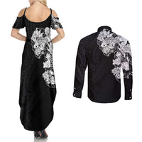Hawaiian and Japanese Together Couples Matching Summer Maxi Dress and Long Sleeve Button Shirt Japanese Koi Fish Tattoo and Kakau Pattern Black Color