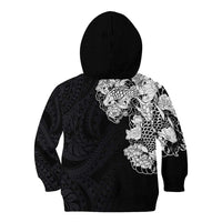 Hawaiian and Japanese Together Kid Hoodie Japanese Koi Fish Tattoo and Kakau Pattern Black Color