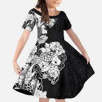 Hawaiian and Japanese Together Kid Short Sleeve Dress Japanese Koi Fish Tattoo and Kakau Pattern Black Color