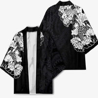 Hawaiian and Japanese Together Kimono Japanese Koi Fish Tattoo and Kakau Pattern Black Color - Polynesian Pride