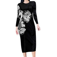 Hawaiian and Japanese Together Long Sleeve Bodycon Dress Japanese Koi Fish Tattoo and Kakau Pattern Black Color LT03 Long Dress Black - Polynesian Pride