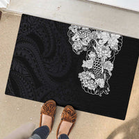 Hawaiian and Japanese Together Rubber Doormat Japanese Koi Fish Tattoo and Kakau Pattern Black Color