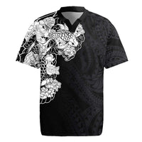 Hawaiian and Japanese Together Rugby Jersey Japanese Koi Fish Tattoo and Kakau Pattern Black Color