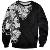 Hawaiian and Japanese Together Sweatshirt Japanese Koi Fish Tattoo and Kakau Pattern Black Color