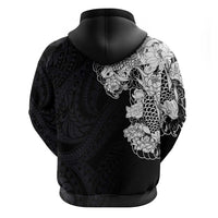 Hawaiian and Japanese Together Zip Hoodie Japanese Koi Fish Tattoo and Kakau Pattern Black Color