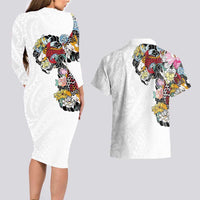 Hawaiian and Japanese Together Couples Matching Long Sleeve Bodycon Dress and Hawaiian Shirt Colorful Traditional Japanese Tattoo and Kakau Pattern White Color