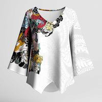 Hawaiian and Japanese Together Kimono Sleeve Blouse Colorful Traditional Japanese Tattoo and Kakau Pattern White Color LT03 Female White - Polynesian Pride